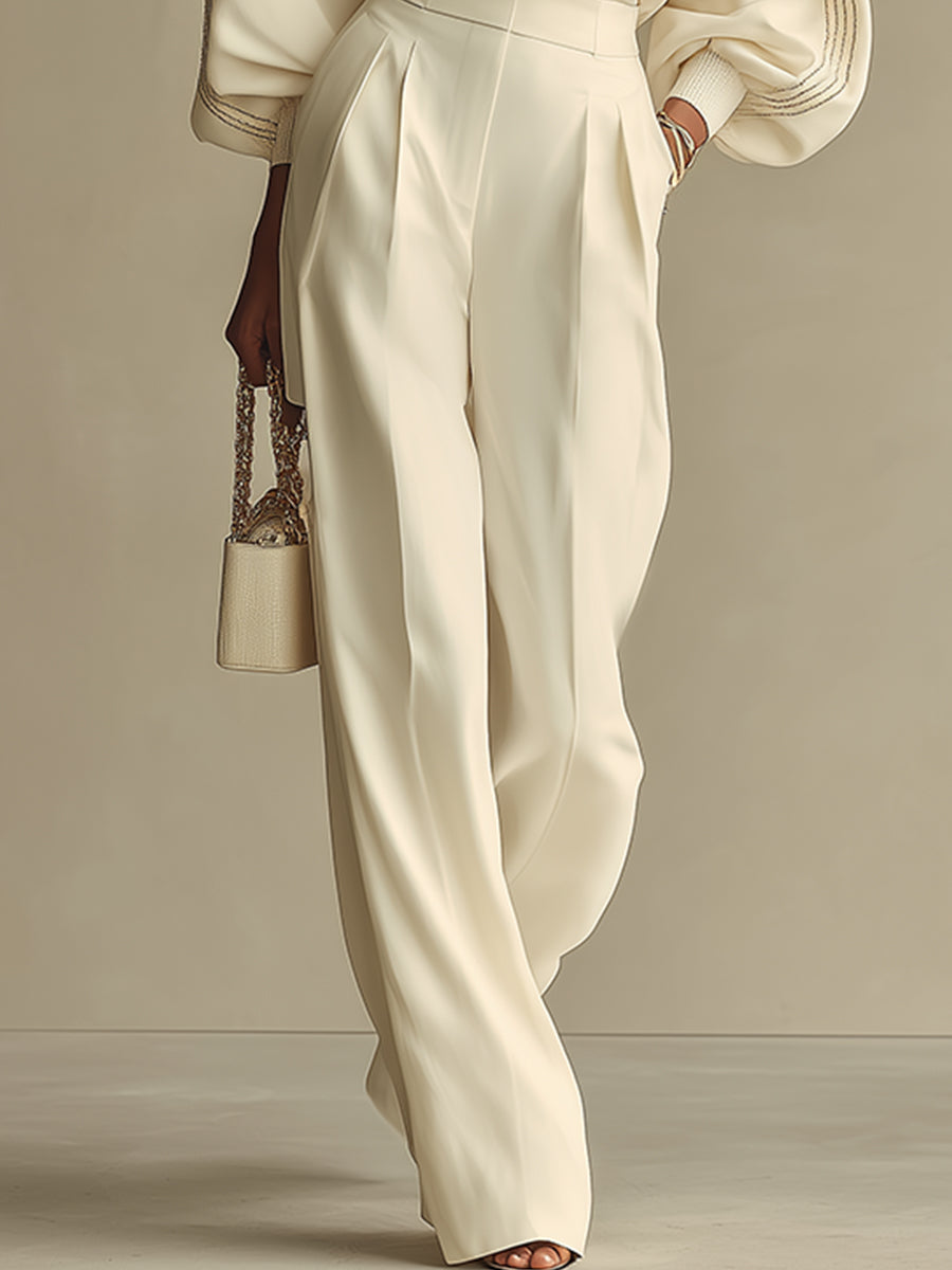 Ivory long sleeve top and pleated wide leg pants set with striped balloon sleeves - view 4
