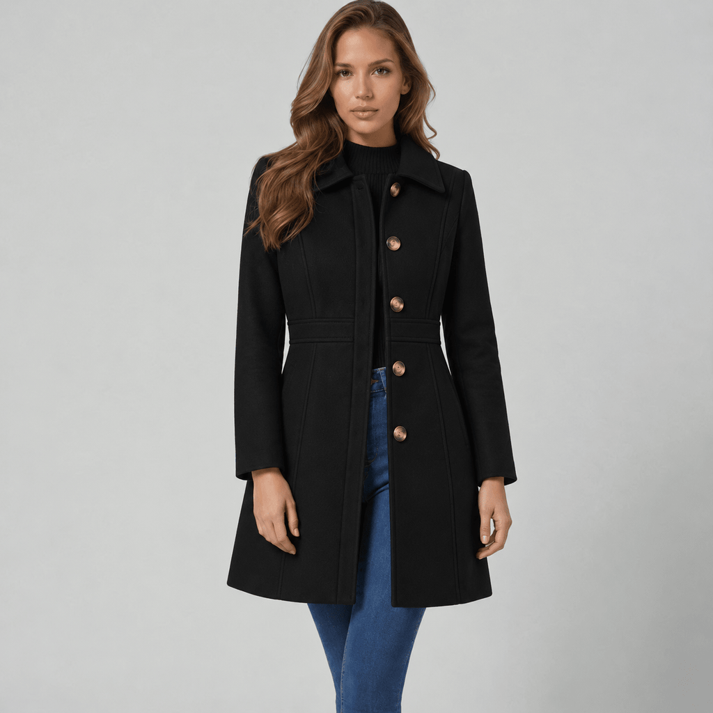 Women's tailored A-line long coat with point collar and button front