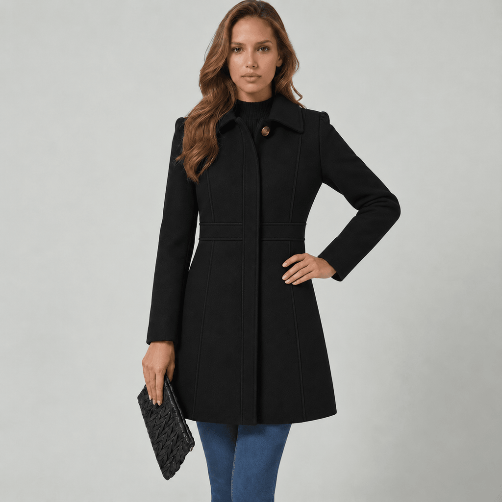Women's tailored A-line long coat with point collar and button front - view 2