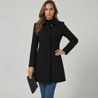 Women's tailored A-line long coat with point collar and button front - view 2