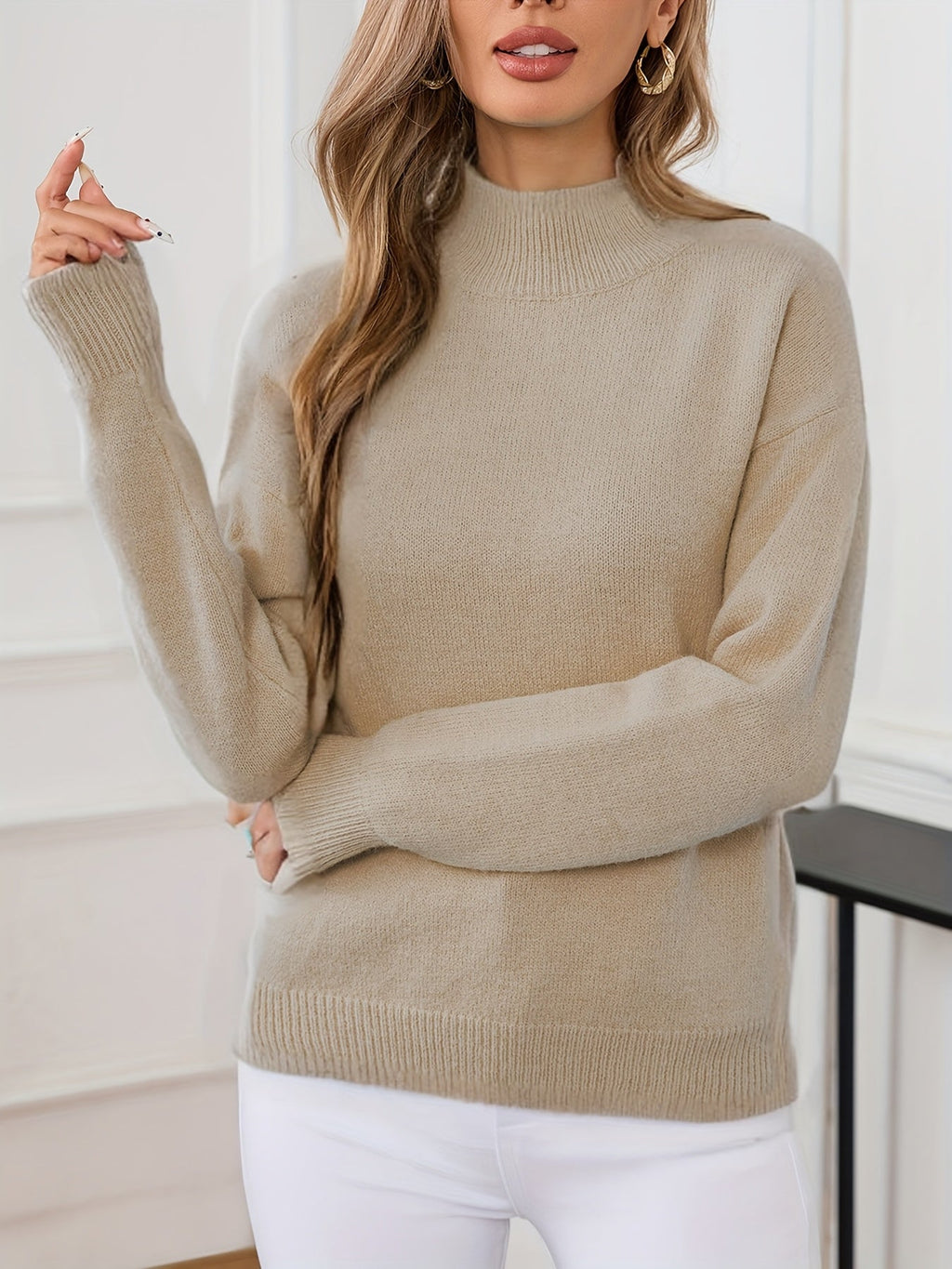 Women's relaxed mock neck sweater with dropped shoulders and ribbed cuffs - view 10