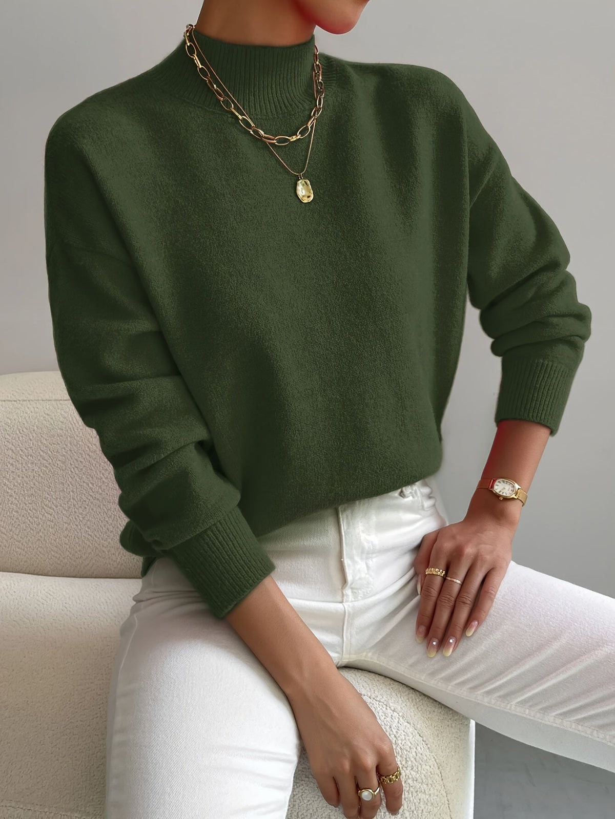 Women's relaxed mock neck sweater with dropped shoulders and ribbed cuffs - view 15