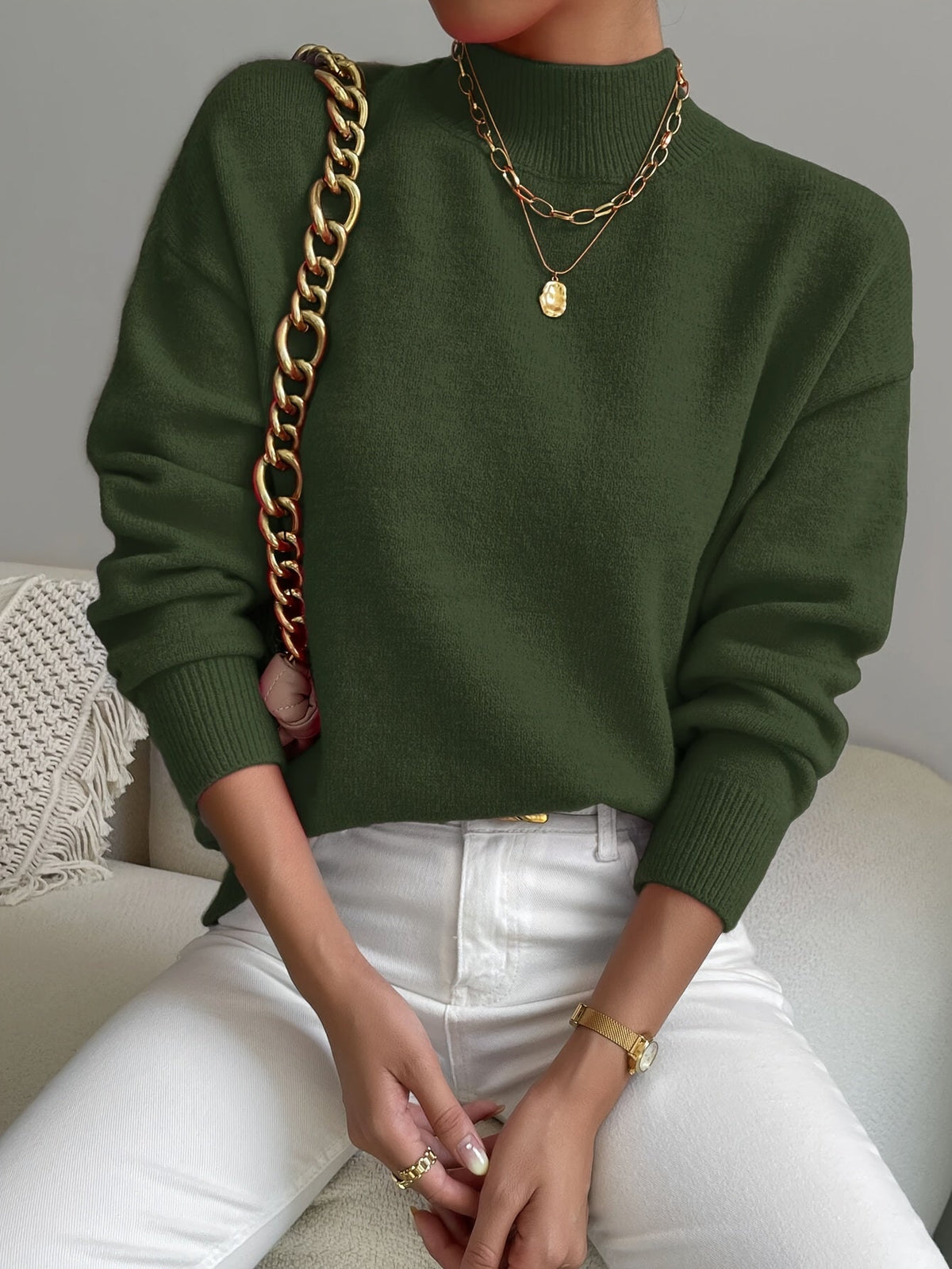 Women's relaxed mock neck sweater with dropped shoulders and ribbed cuffs - view 17