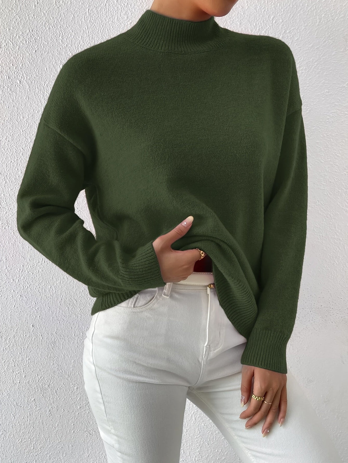Women's relaxed mock neck sweater with dropped shoulders and ribbed cuffs - view 18