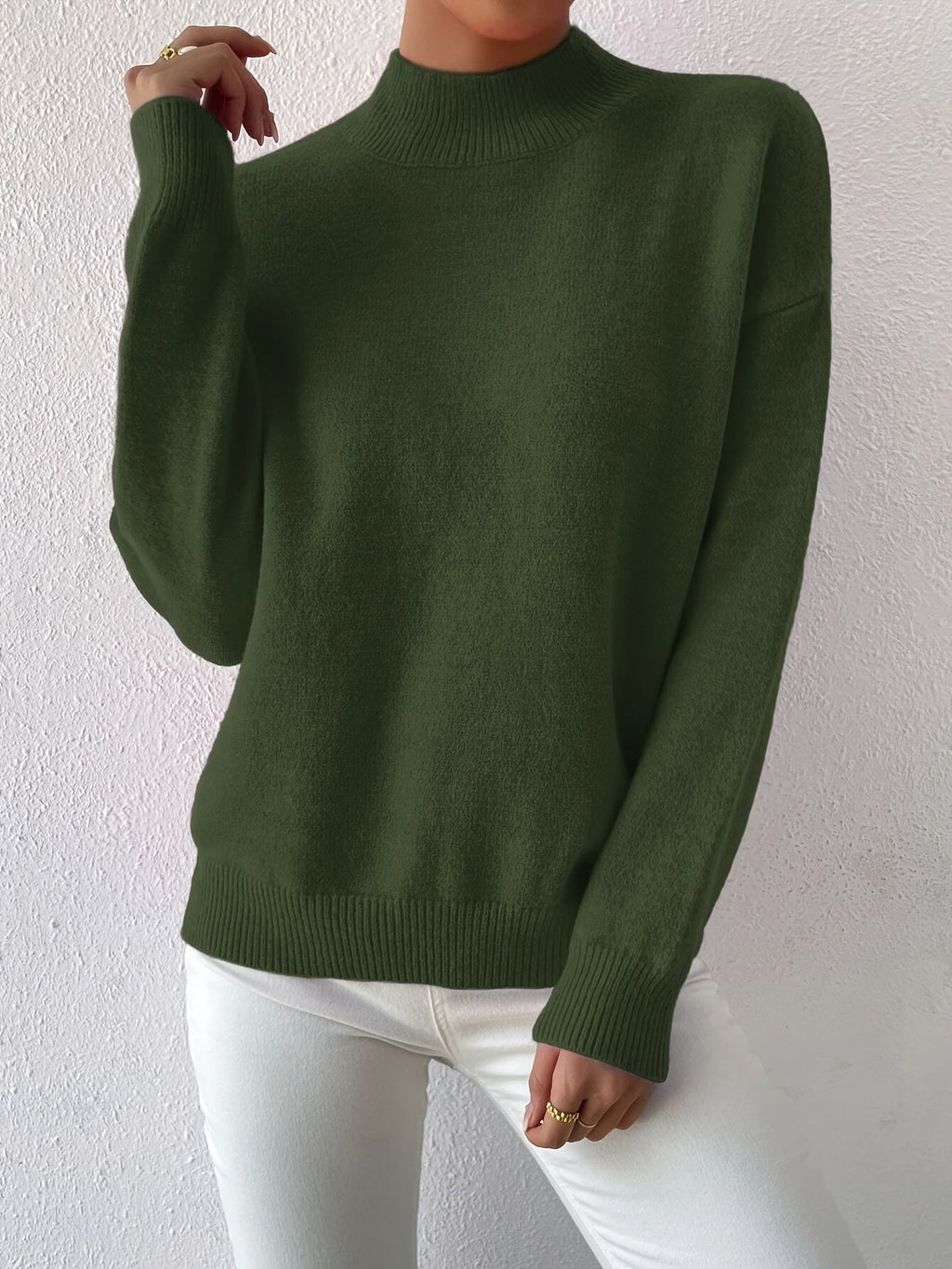 Women's relaxed mock neck sweater with dropped shoulders and ribbed cuffs - view 19