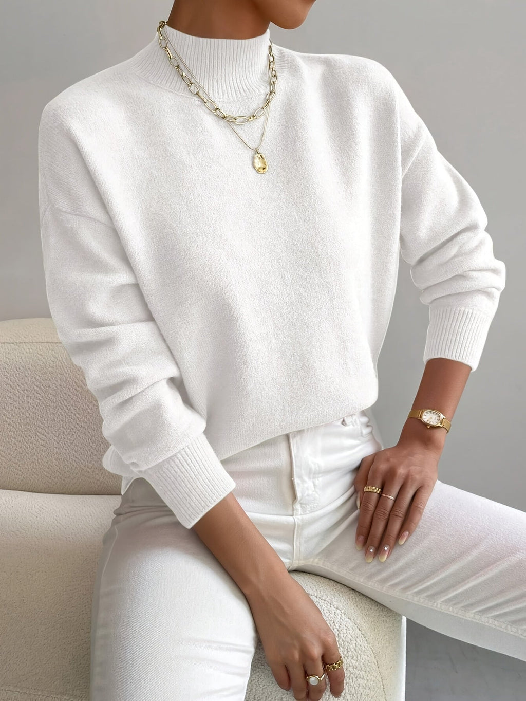 Women's relaxed mock neck sweater with dropped shoulders and ribbed cuffs - view 22