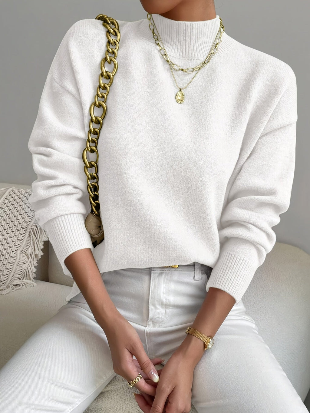 Women's relaxed mock neck sweater with dropped shoulders and ribbed cuffs - view 24
