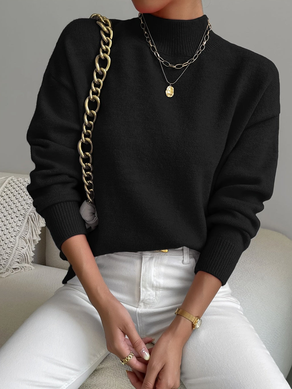 Women's relaxed mock neck sweater with dropped shoulders and ribbed cuffs - view 3