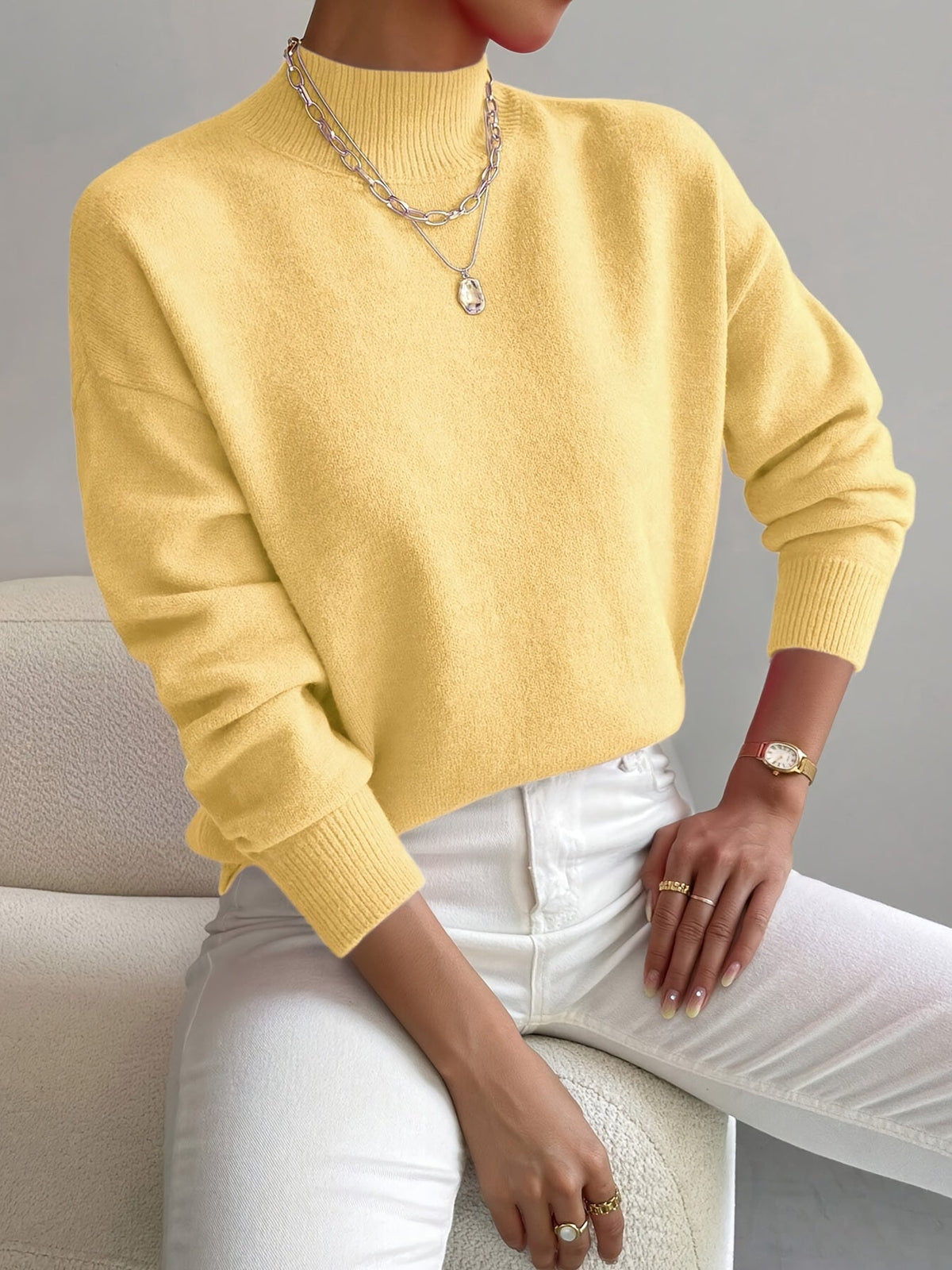 Women's relaxed mock neck sweater with dropped shoulders and ribbed cuffs - view 30