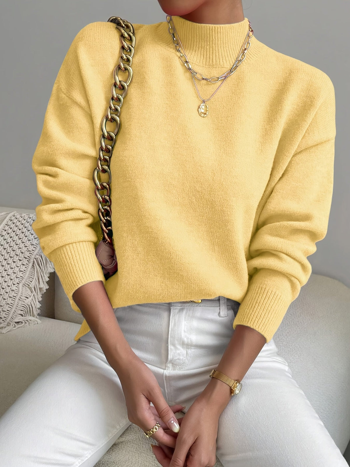Women's relaxed mock neck sweater with dropped shoulders and ribbed cuffs - view 32