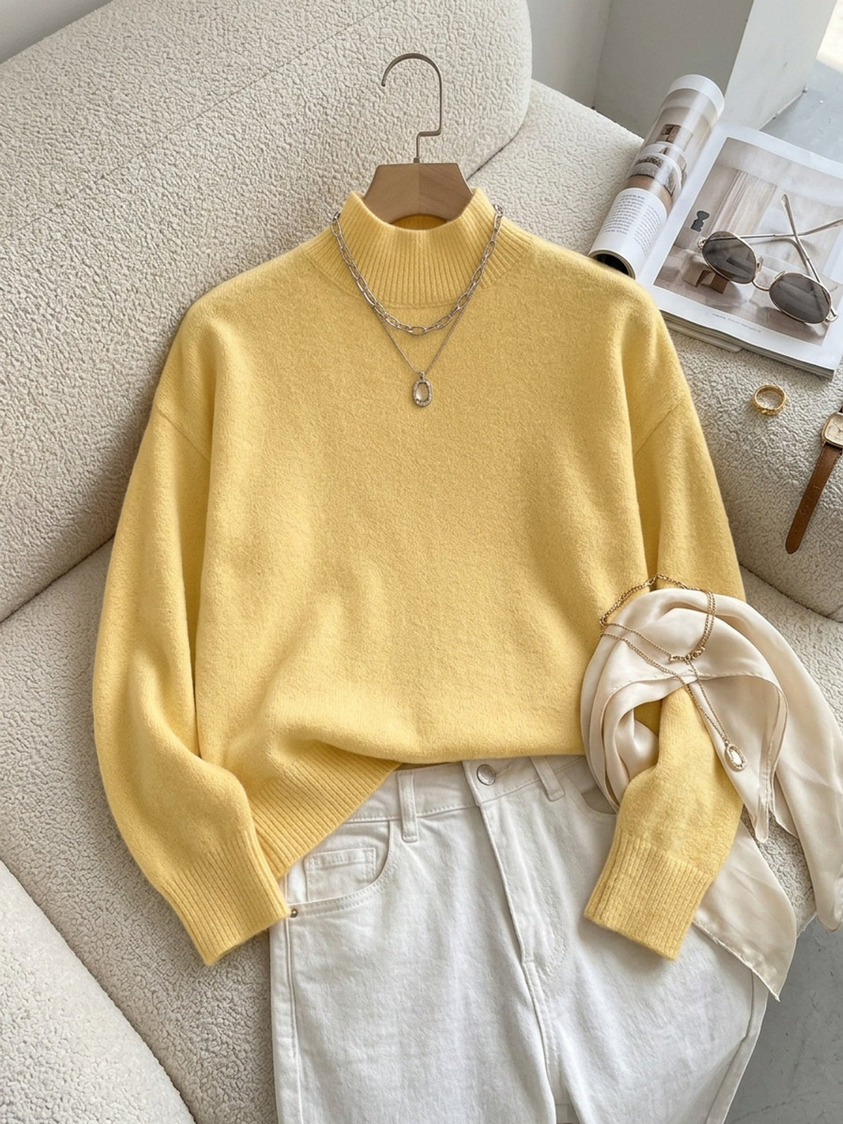 Women's relaxed mock neck sweater with dropped shoulders and ribbed cuffs - view 35