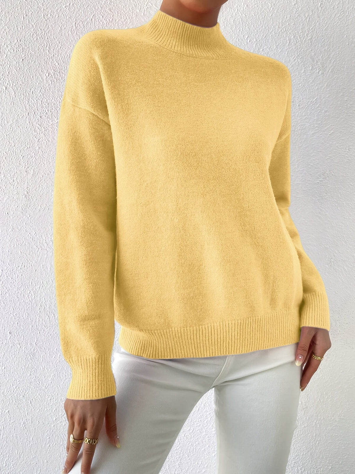 Women's relaxed mock neck sweater with dropped shoulders and ribbed cuffs - view 36