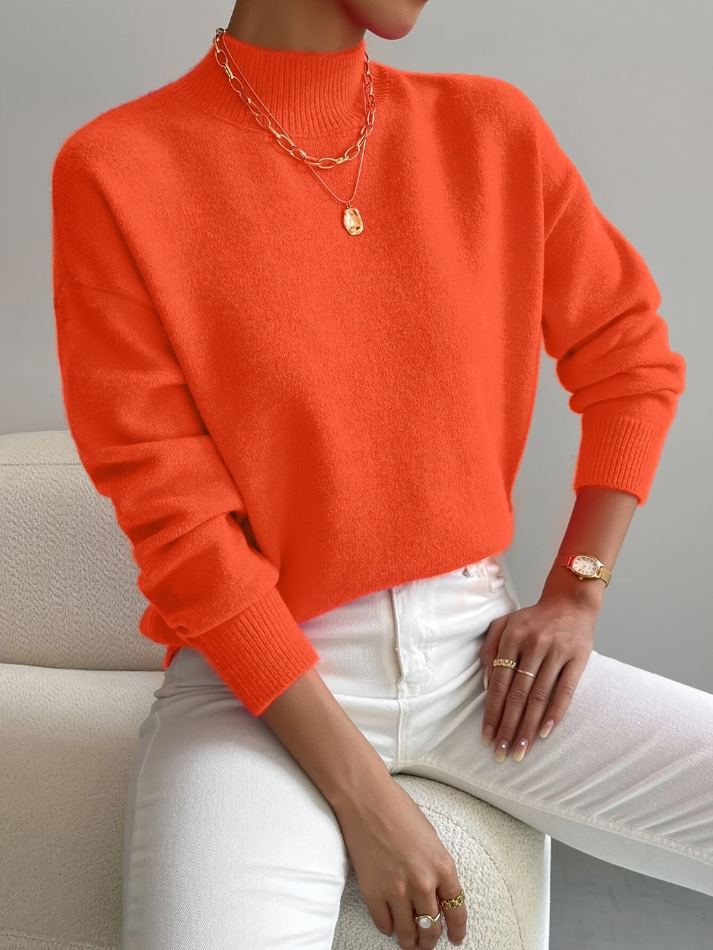 Women's relaxed mock neck sweater with dropped shoulders and ribbed cuffs - view 38