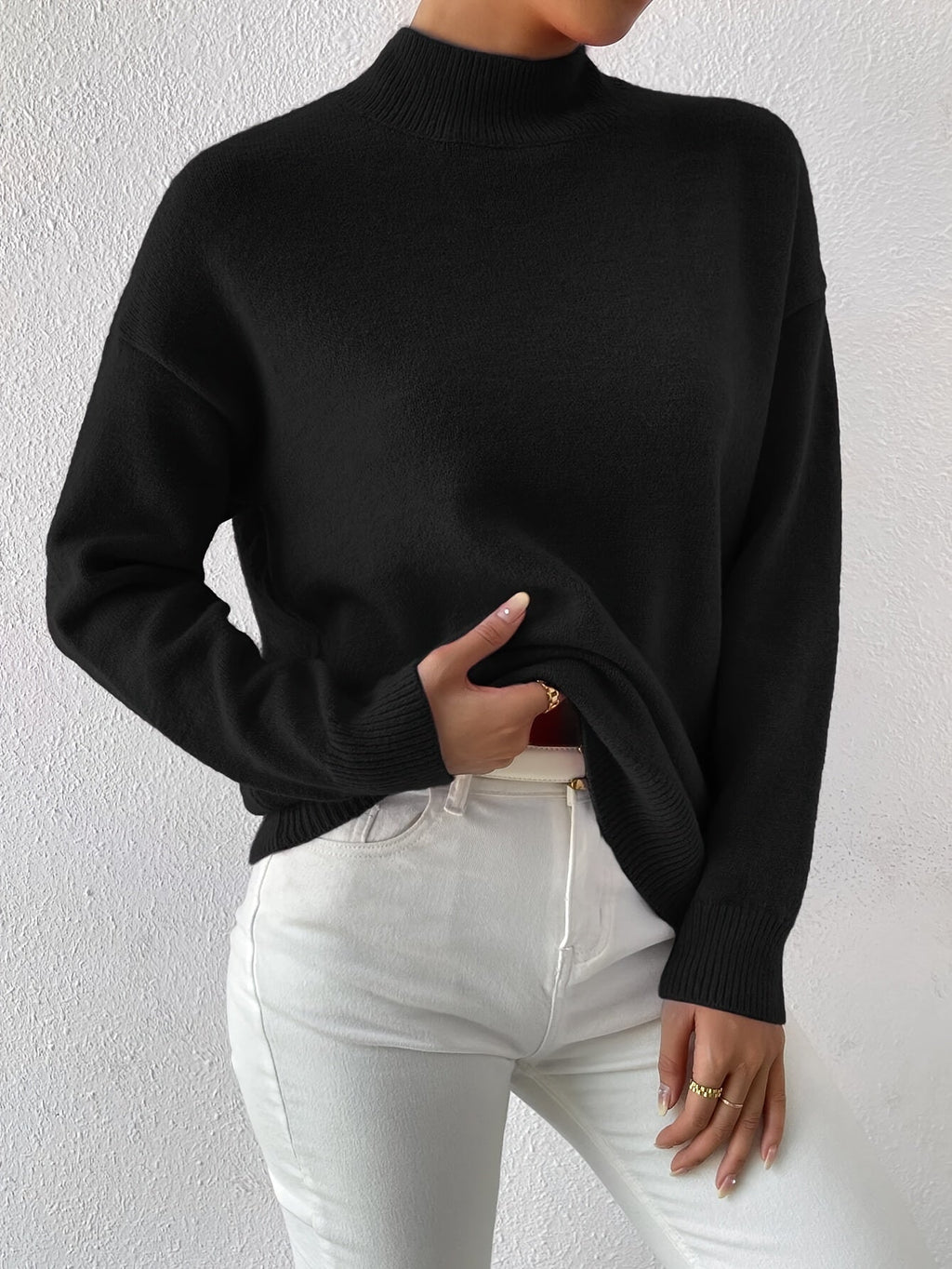Women's relaxed mock neck sweater with dropped shoulders and ribbed cuffs - view 4