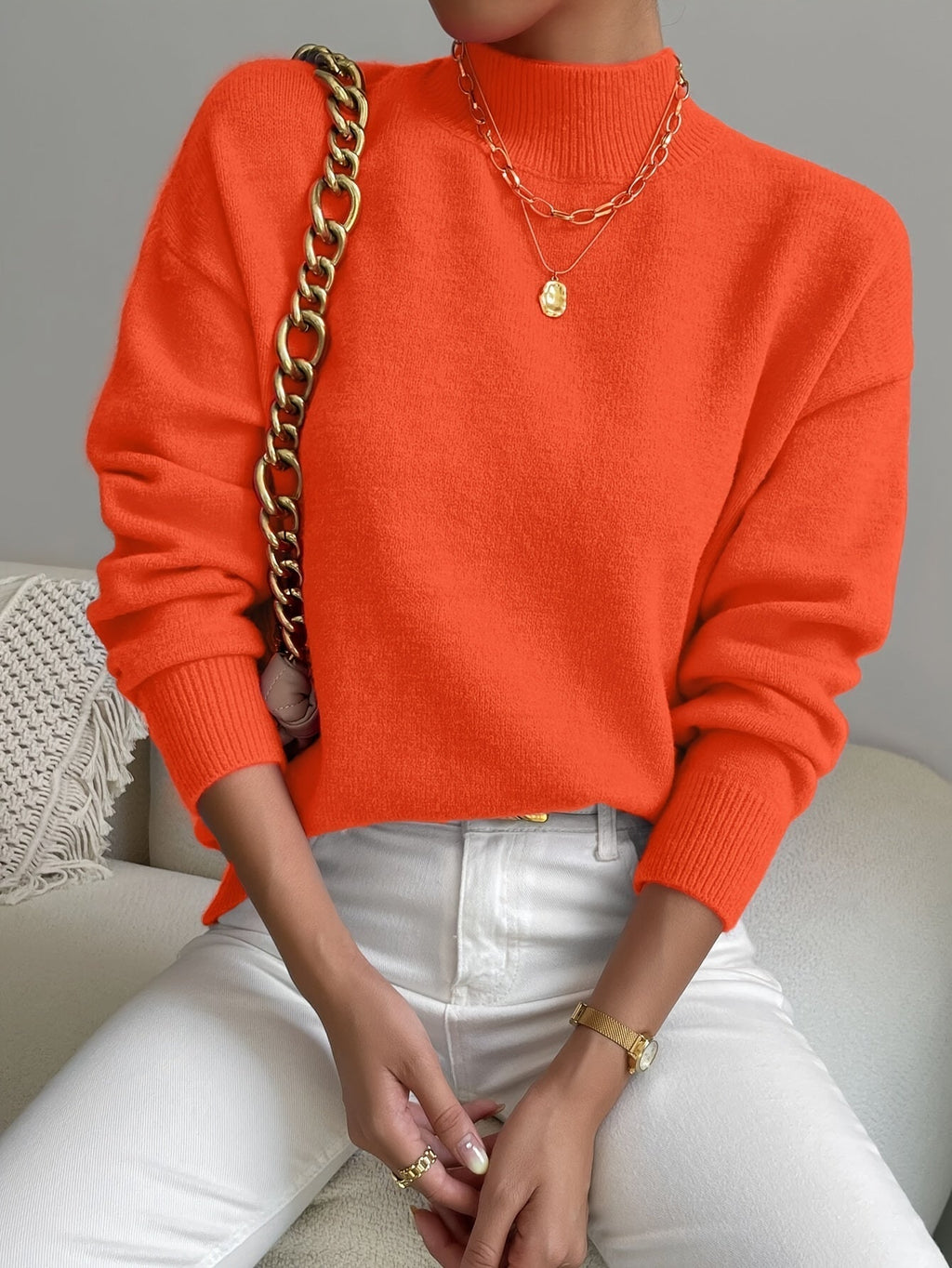 Women's relaxed mock neck sweater with dropped shoulders and ribbed cuffs - view 40