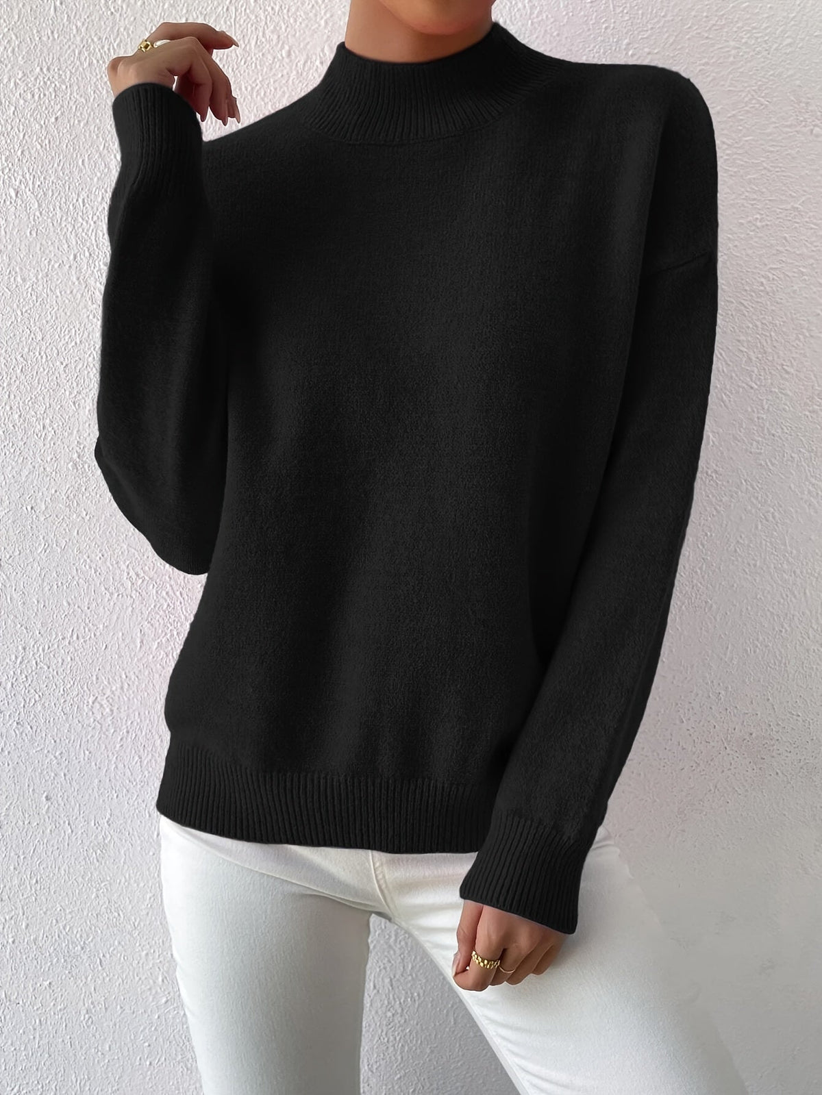 Women's relaxed mock neck sweater with dropped shoulders and ribbed cuffs - view 5