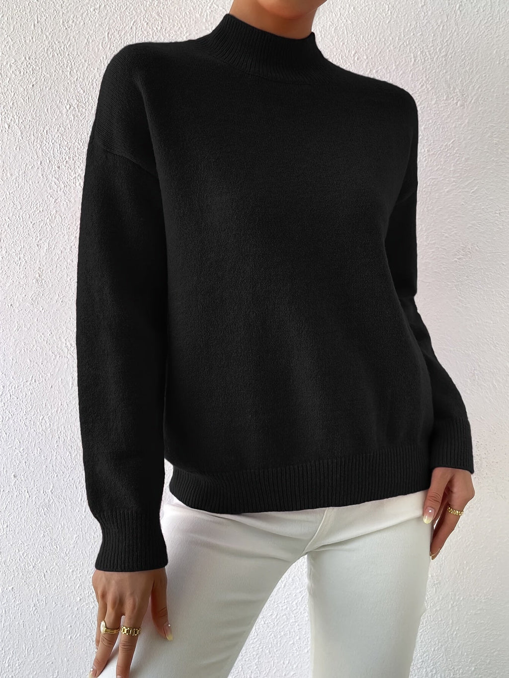Women's relaxed mock neck sweater with dropped shoulders and ribbed cuffs - view 6