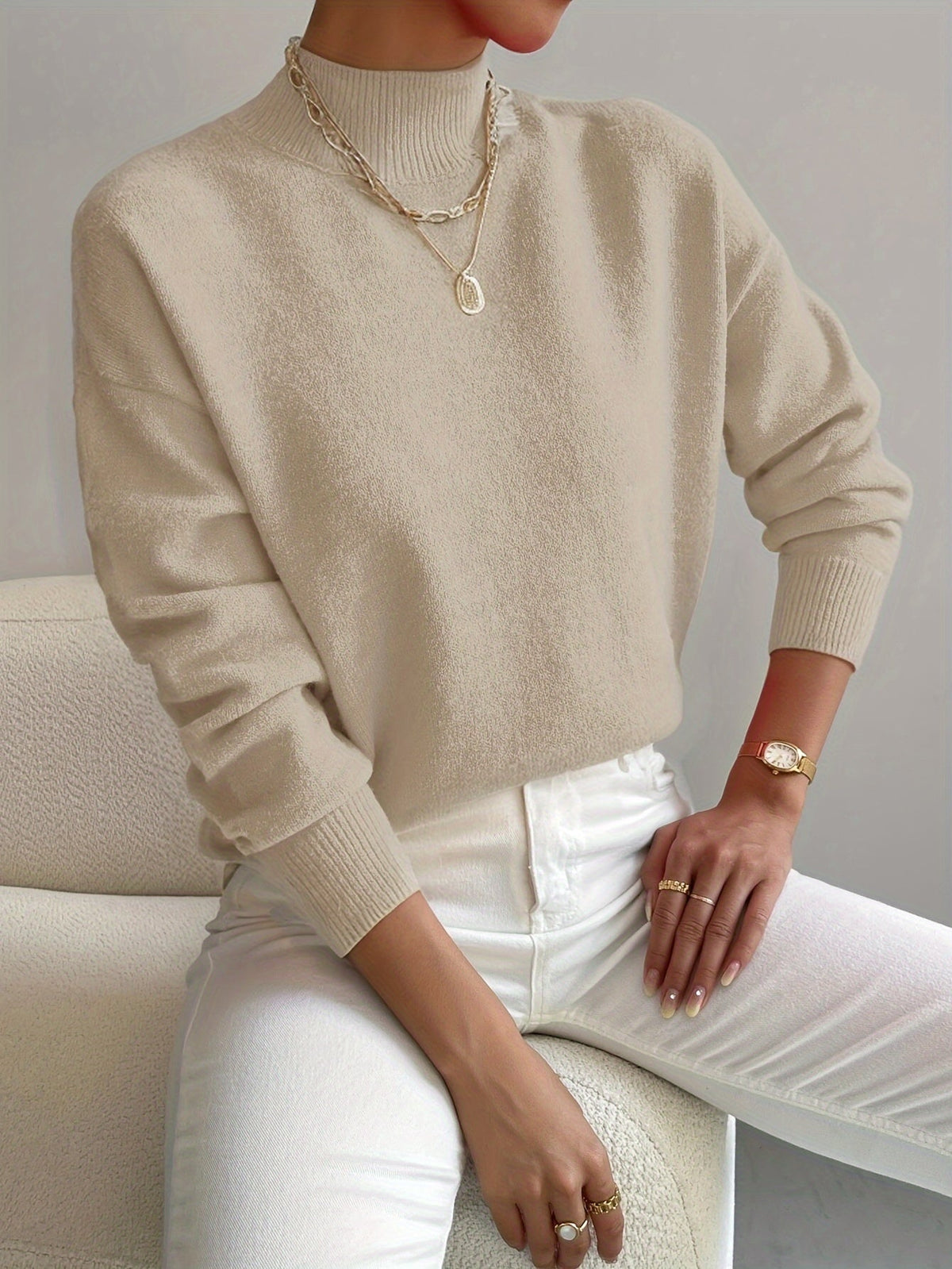 Women's relaxed mock neck sweater with dropped shoulders and ribbed cuffs - view 8