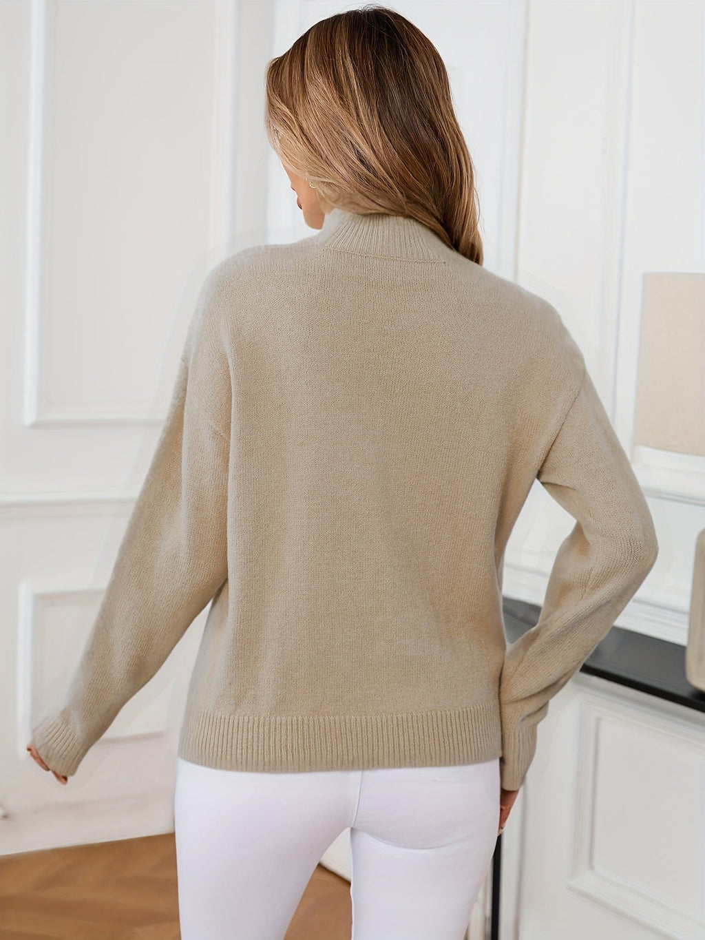 Women's relaxed mock neck sweater with dropped shoulders and ribbed cuffs - view 9