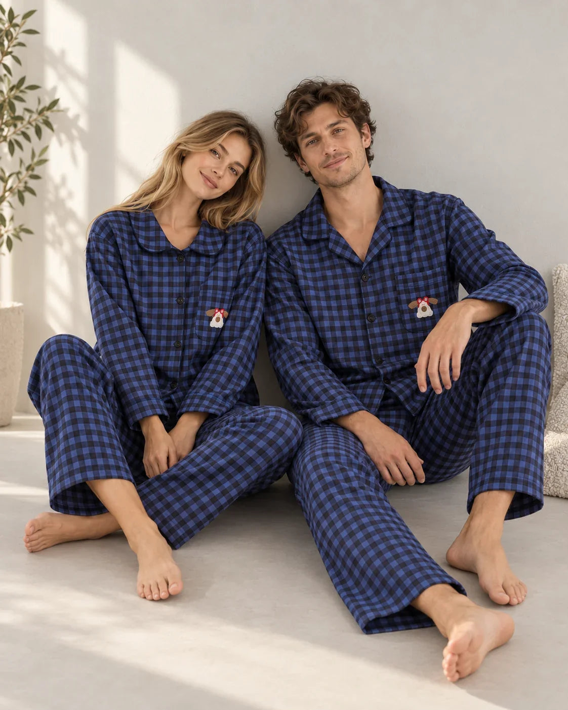 Ellis blue and black plaid matching pajama set with embroidered dog pocket