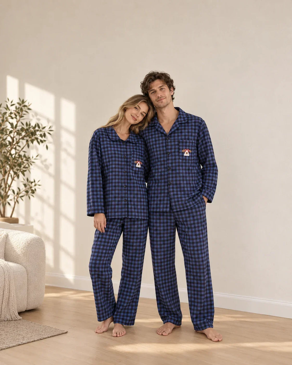 Ellis blue and black plaid matching pajama set with embroidered dog pocket - view 2