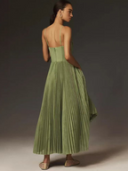 Olive green pleated maxi dress with corset-style bodice and spaghetti straps - view 10