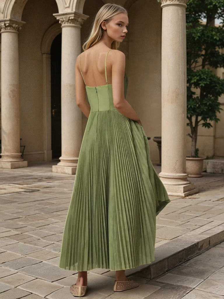 Olive green pleated maxi dress with corset-style bodice and spaghetti straps - view 2