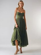 Olive green pleated maxi dress with corset-style bodice and spaghetti straps - view 4