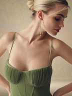 Olive green pleated maxi dress with corset-style bodice and spaghetti straps - view 7