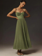 Olive green pleated maxi dress with corset-style bodice and spaghetti straps - view 9