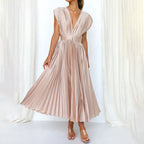 Pleated satin midi wedding guest dress with deep V-neck, cap sleeves and banded waist