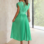 Pleated satin midi wedding guest dress with deep V-neck, cap sleeves and banded waist - view 10