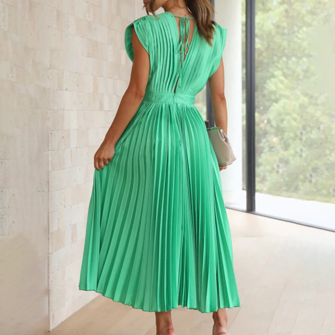 Pleated satin midi wedding guest dress with deep V-neck, cap sleeves and banded waist - view 10