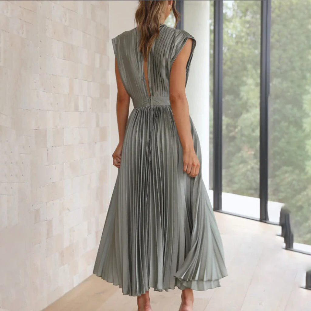 Pleated satin midi wedding guest dress with deep V-neck, cap sleeves and banded waist - view 12