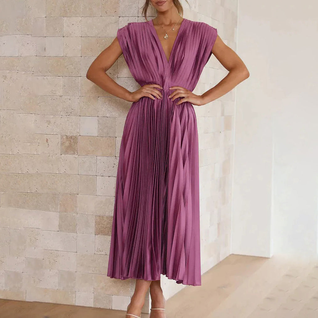 Pleated satin midi wedding guest dress with deep V-neck, cap sleeves and banded waist - view 13