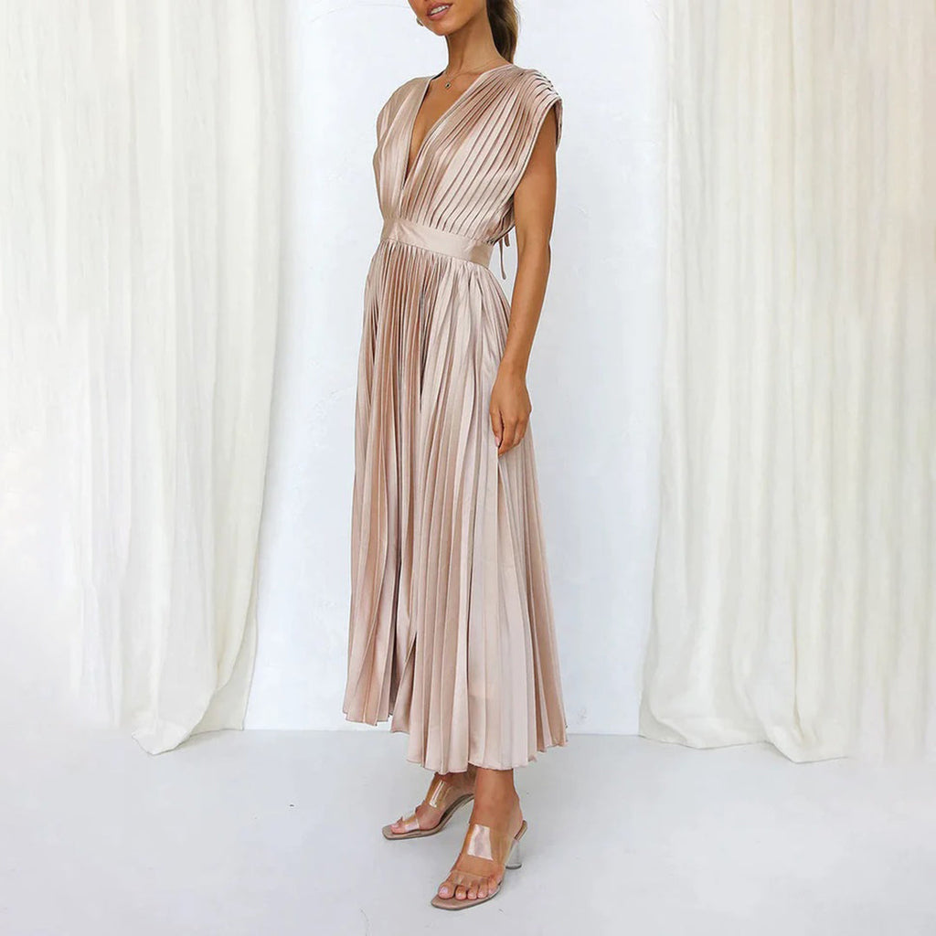 Pleated satin midi wedding guest dress with deep V-neck, cap sleeves and banded waist - view 14
