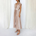Pleated satin midi wedding guest dress with deep V-neck, cap sleeves and banded waist - view 14