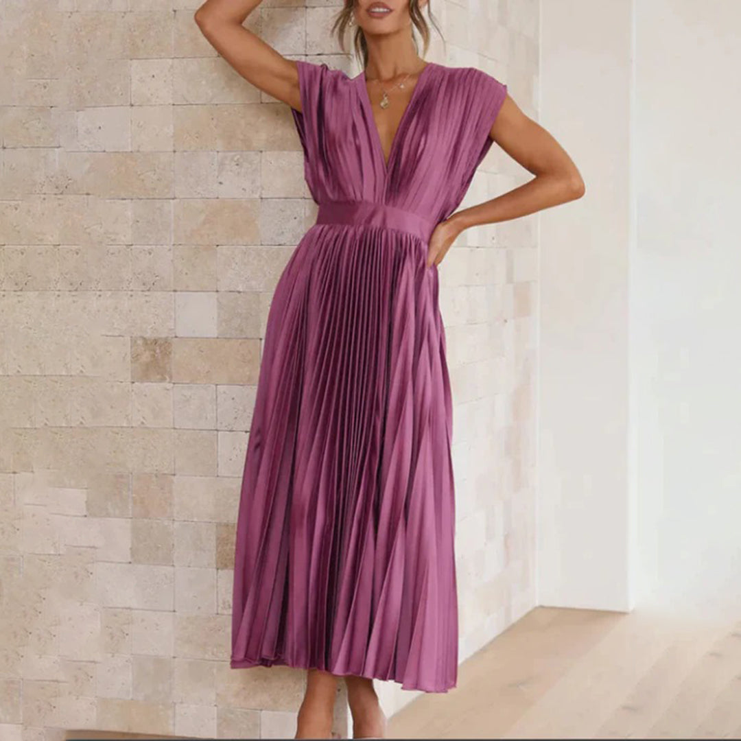 Pleated satin midi wedding guest dress with deep V-neck, cap sleeves and banded waist - view 15