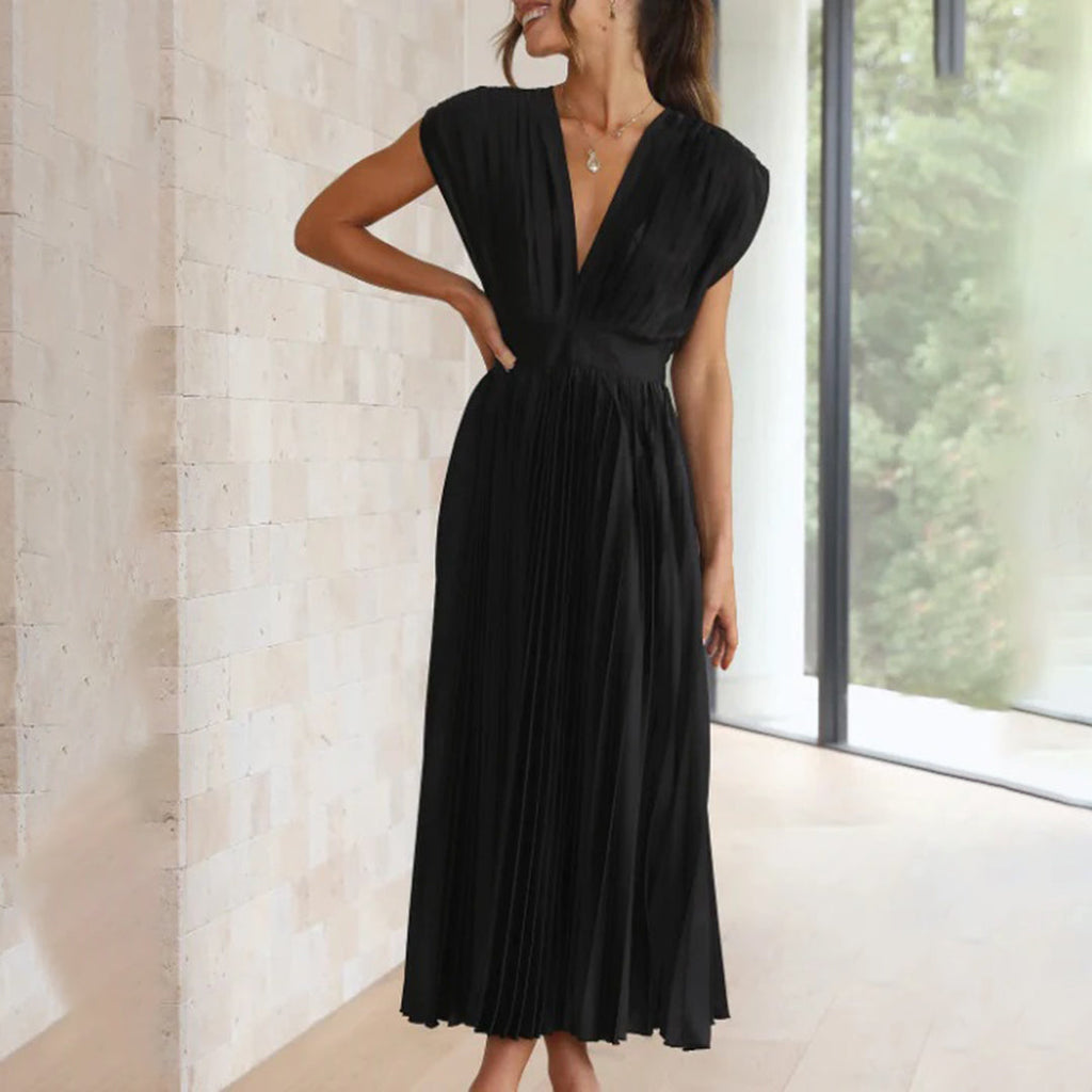 Pleated satin midi wedding guest dress with deep V-neck, cap sleeves and banded waist - view 18