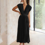 Pleated satin midi wedding guest dress with deep V-neck, cap sleeves and banded waist - view 18