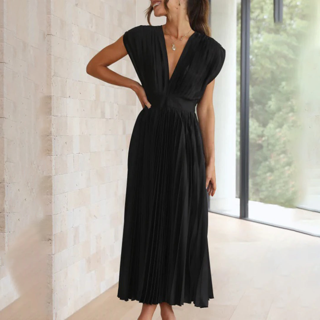 Pleated satin midi wedding guest dress with deep V-neck, cap sleeves and banded waist - view 18