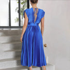 Pleated satin midi wedding guest dress with deep V-neck, cap sleeves and banded waist - view 19