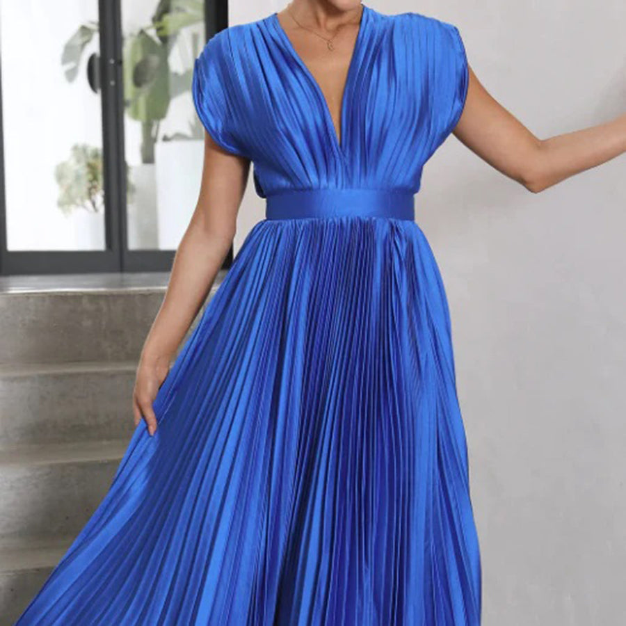 Pleated satin midi wedding guest dress with deep V-neck, cap sleeves and banded waist - view 20