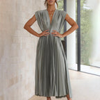 Pleated satin midi wedding guest dress with deep V-neck, cap sleeves and banded waist - view 8