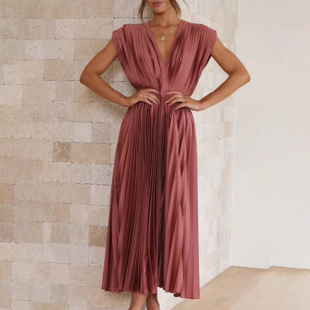 Pleated satin midi wedding guest dress with deep V-neck, cap sleeves and banded waist - view 9