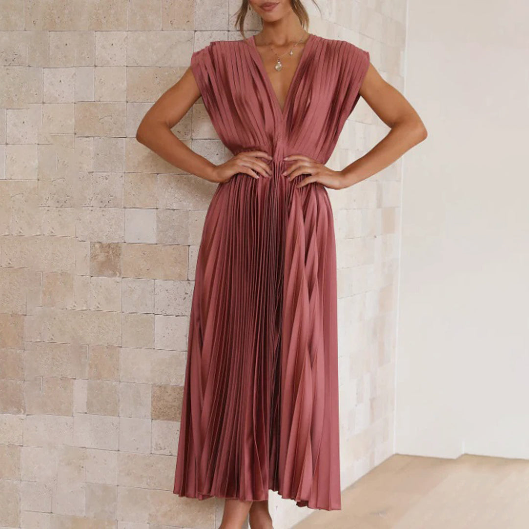 Pleated satin midi wedding guest dress with deep V-neck, cap sleeves and banded waist - view 9