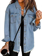 Oversized frayed denim shacket with snap front and chest pockets - view 2