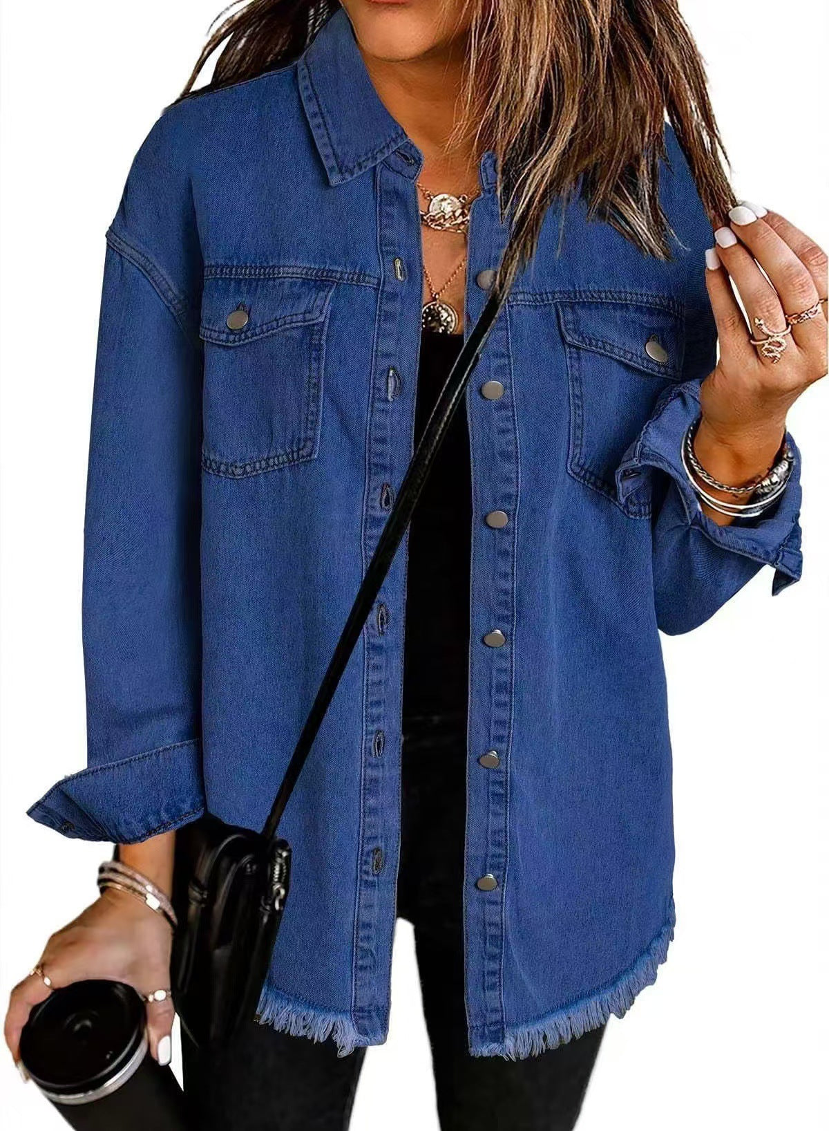 Oversized frayed denim shacket with snap front and chest pockets - view 3