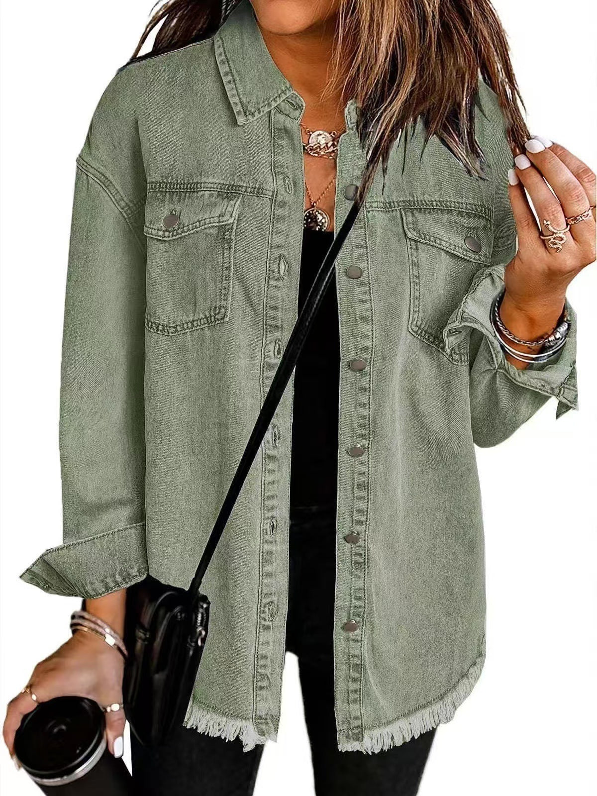 Oversized frayed denim shacket with snap front and chest pockets - view 4