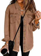 Oversized frayed denim shacket with snap front and chest pockets - view 6